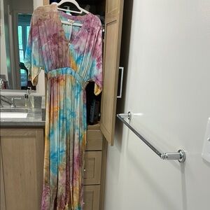 Pink and Blue Maxi Dress with Flowing Tie-Dye Pattern